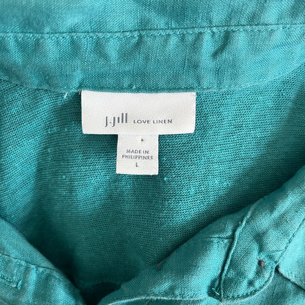 J. Jill Love‎ Linen Turquoise 3/4 Sleeve Collared Blouse Size Large - Picture 3 of 5
